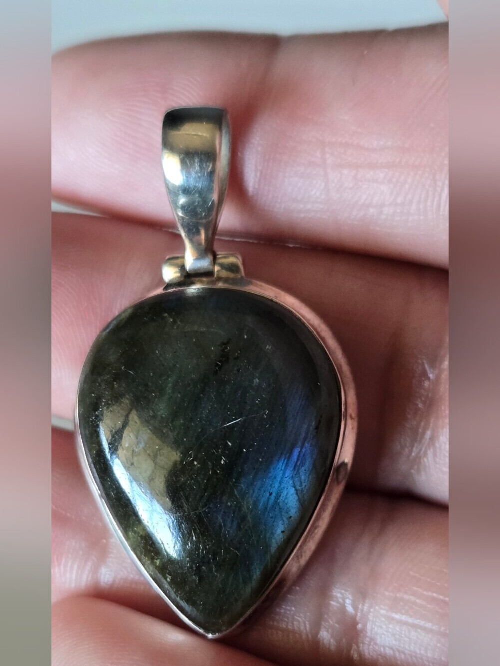 Teardrop Labradorite Pendant Necklace in Silver - Blue-Green Flash